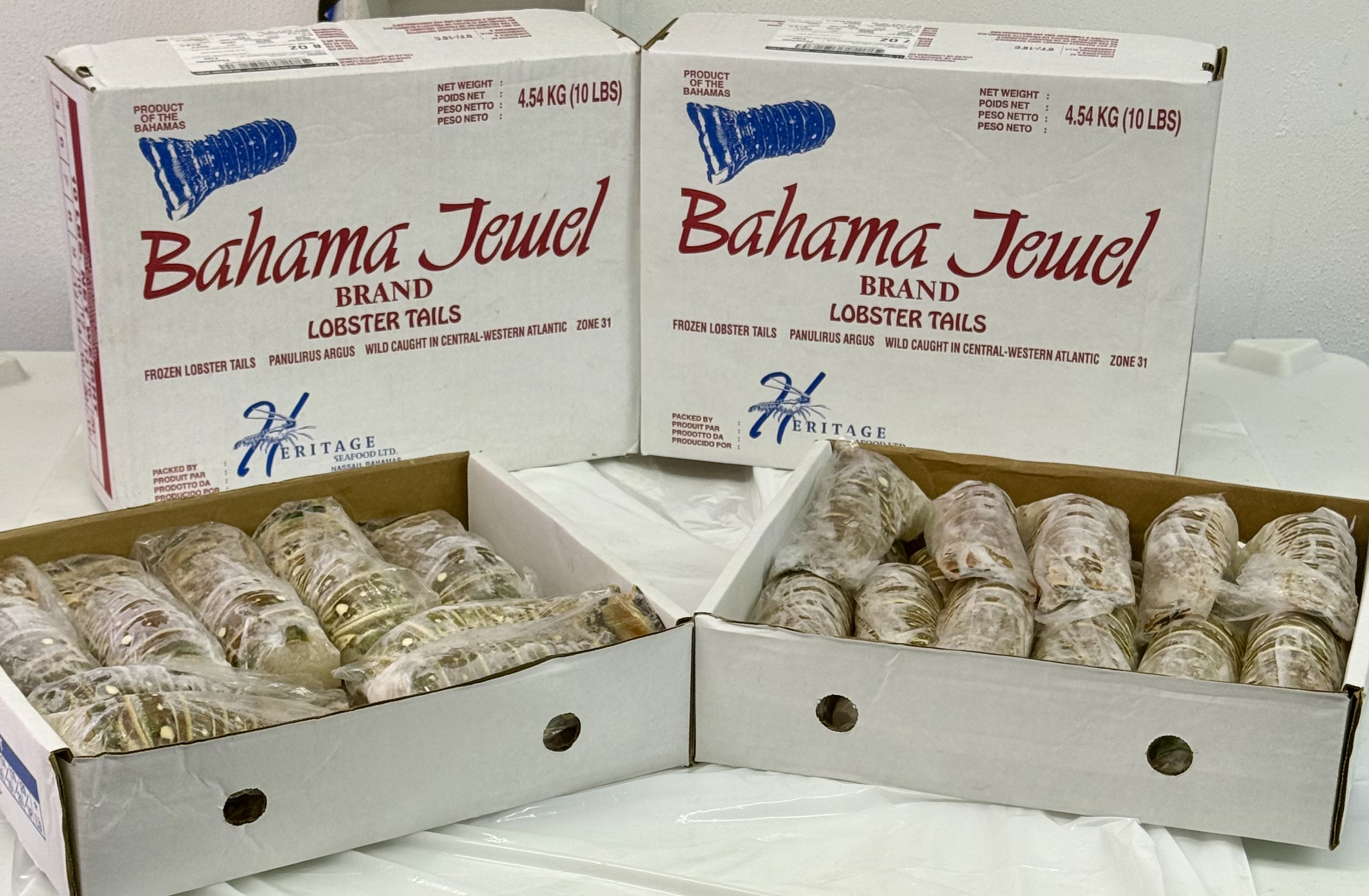 Bahama Jewel brand lobster tails, packed in 10 lb cases