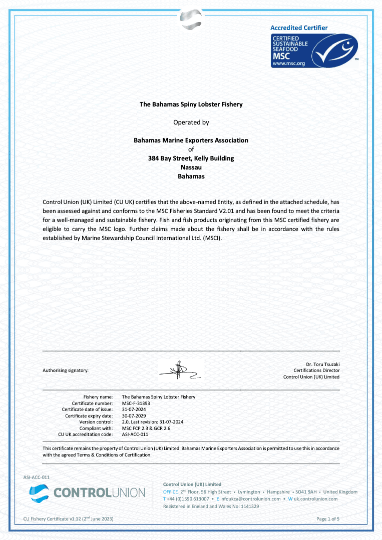 MSC certificate — The Bahamas Spiny Lobster Fishery
