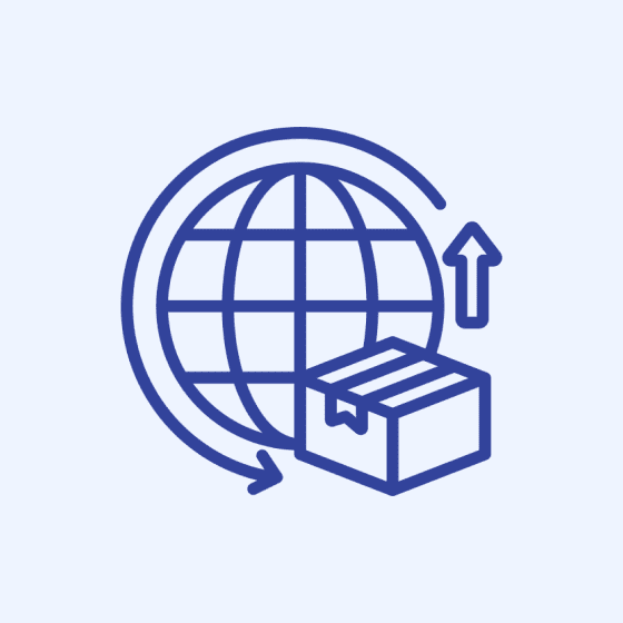 Icon of global shipping with a globe and package.