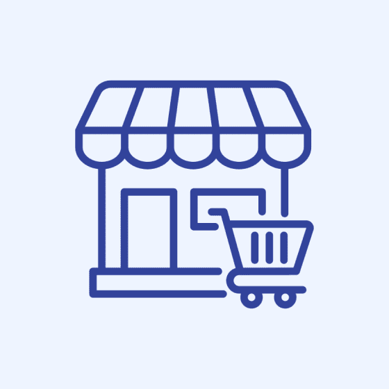 Icon of a storefront with a shopping cart in front.