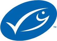 A stylized fish logo with a checkmark on a blue background.