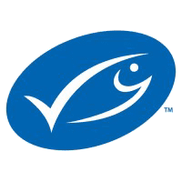 Blue oval logo with a white checkmark and fish symbol.