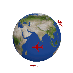 3D globe with red airplanes flying around it.