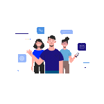 Three diverse people collaborating with digital devices in a tech-inspired setting.